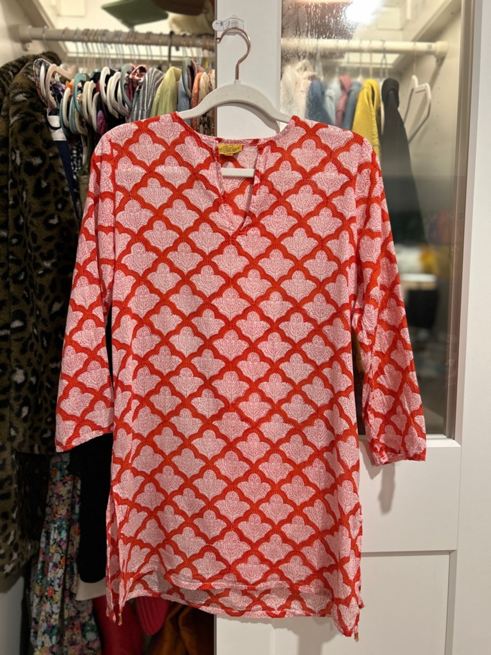 Roller Rabbit Red, Pink, and White Block Print Tunic Top